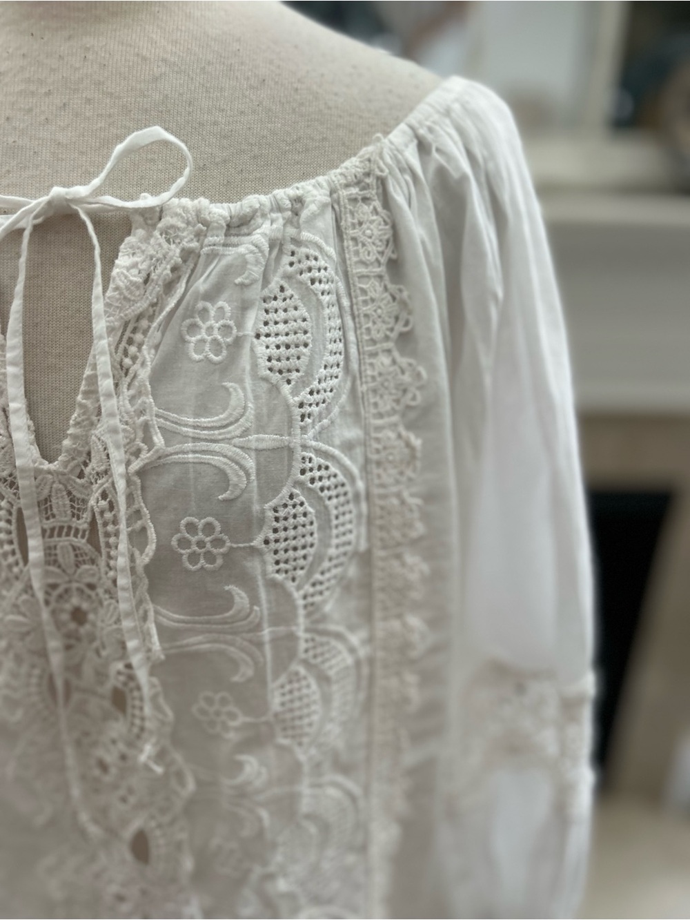 Jennifer & Grace White Lace Peasant Blouse with Tie Neck - Picture 5 of 11